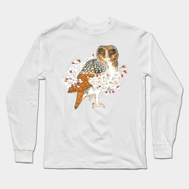 Owl and Cherry Flowers Long Sleeve T-Shirt by CatyArte